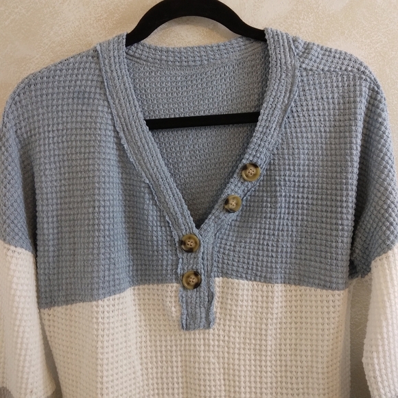 Waffle Weave Henley Look Long Sleeve Striped Top - Picture 2 of 4